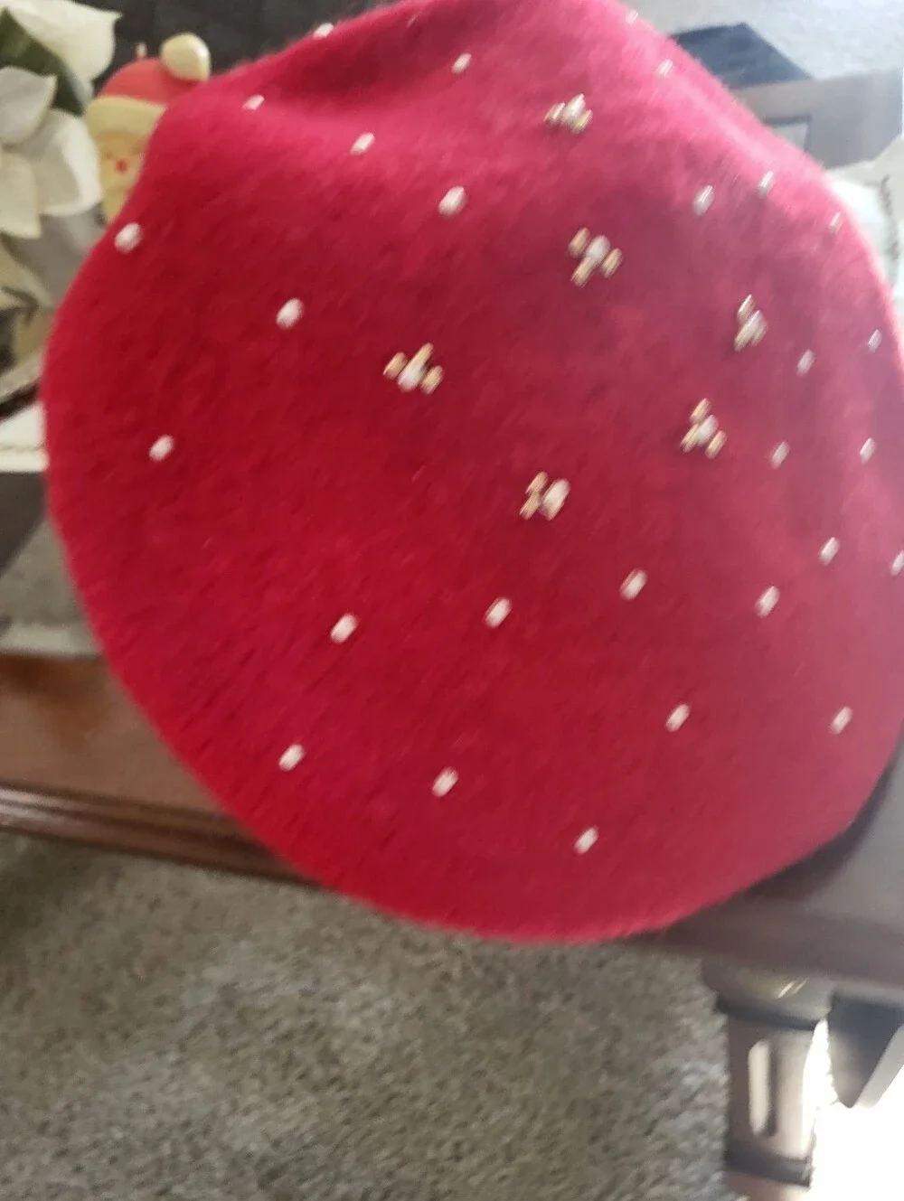 Red Decorative Felt Accent Hat with Pearl Embellishments - Unbranded